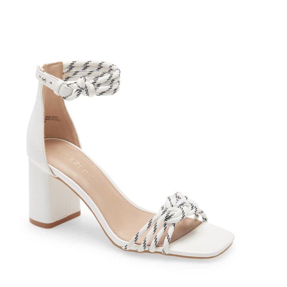 Women's White Block Heel Sandal with Knotted Rope Straps